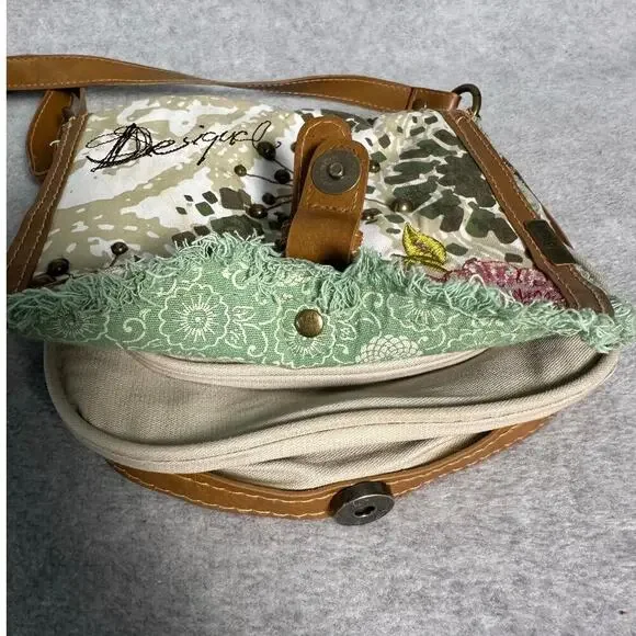 Desigual Canvas Crossbody Bag Floral Embellished Brown Leather Strap Trim Spain - Picture 9 of 16